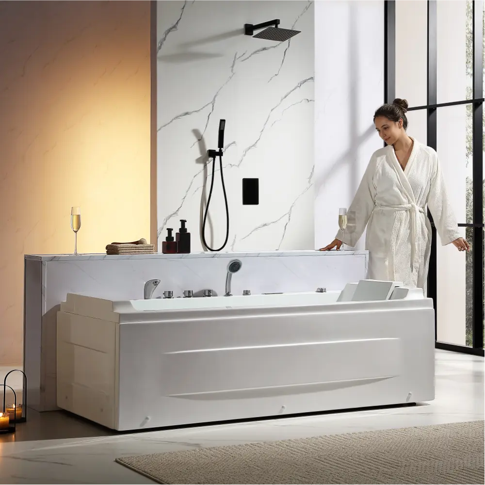 71" Alcove LED Whirlpool Bathtub with Brushed Nickel Fixtures and Center Drain