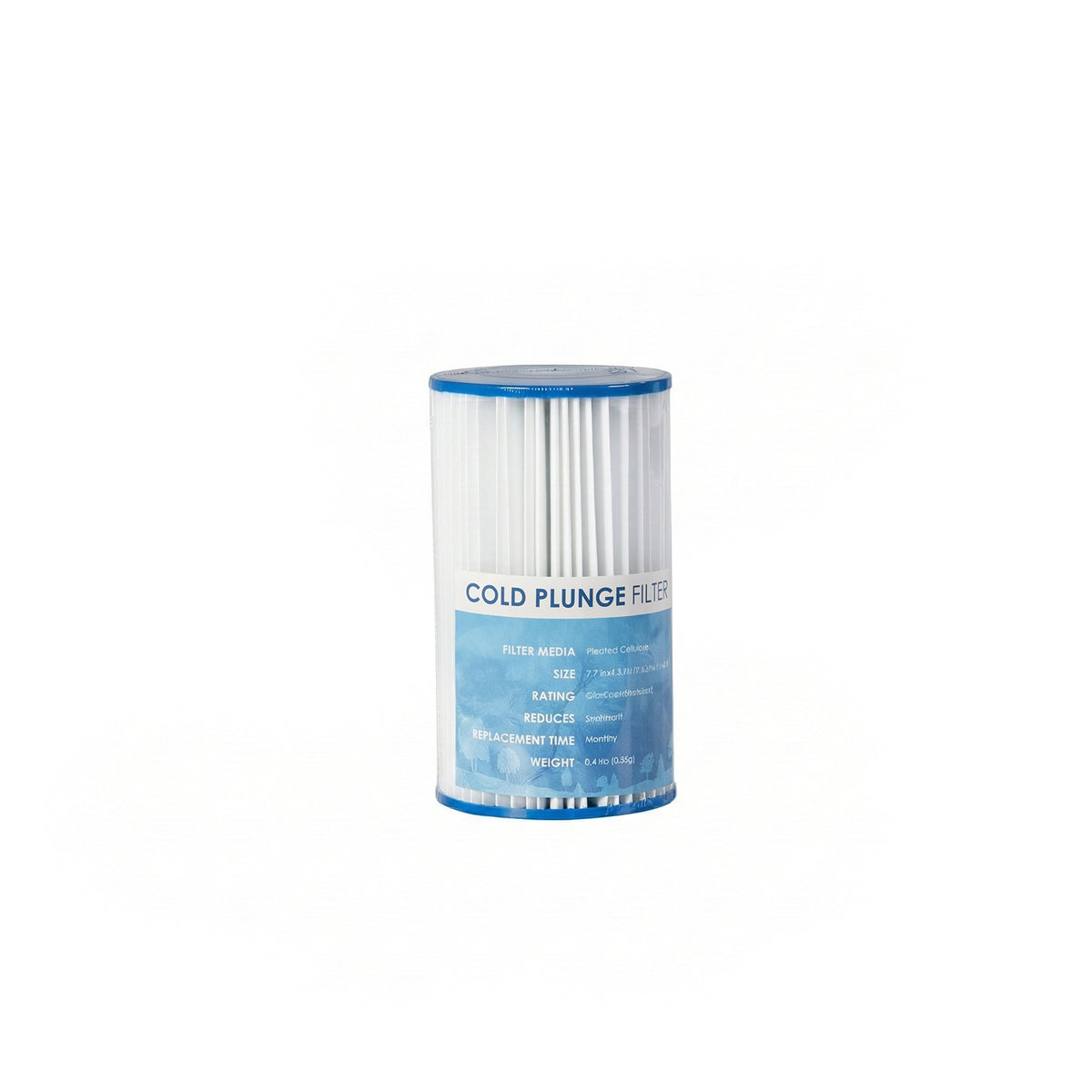 Empava cold plunge replacement water filter cartridge with a blue and white cylindrical design, shown on a white background.