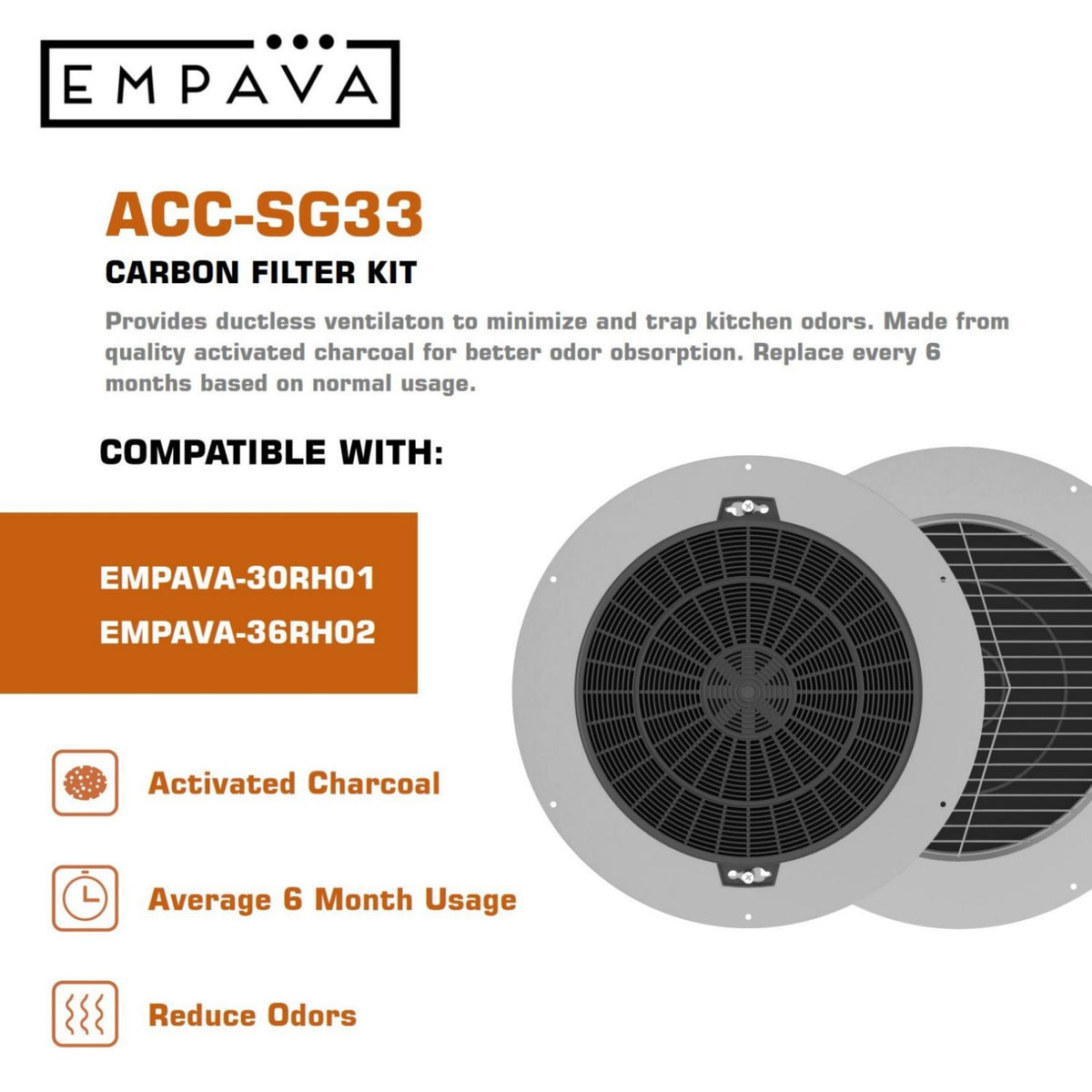 Empava Replacement Charcoal Filters for Ductless Range Hoods 30RH01 & 36RH02 (2-Pack)