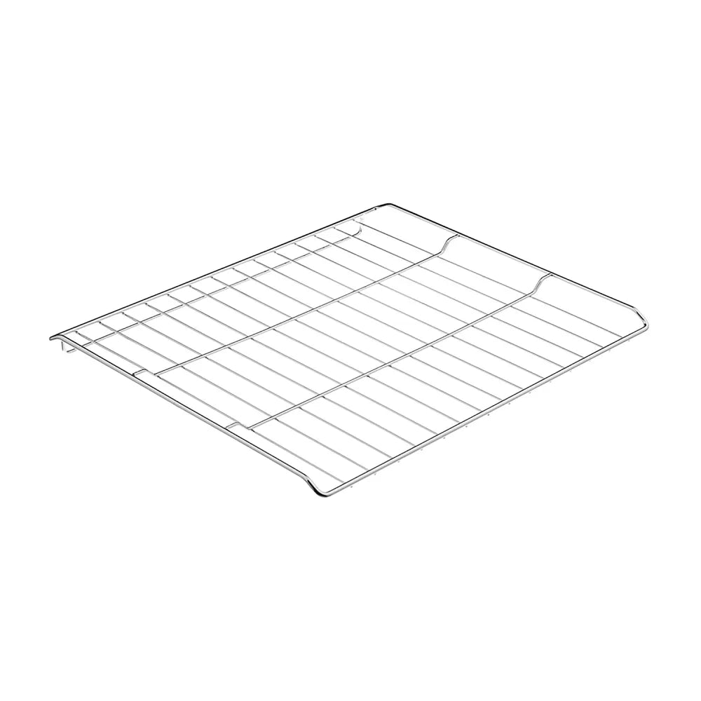 The Empava 24 Inch Wall Oven Rack is a rectangular metal cooling rack featuring evenly spaced parallel wires running horizontally, along with additional support wires. It has raised edges on two sides for enhanced stability and is ideal for cooling baked goods or use in ovens.