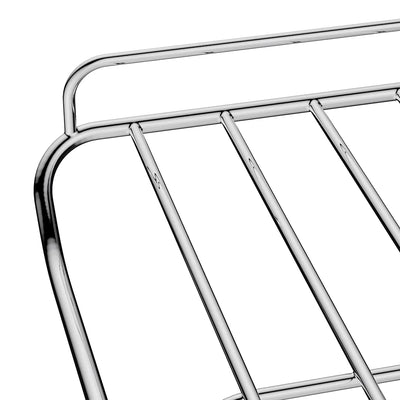 Close-up of the Empava 24 Inch Wall Oven Rack corner, showcasing its shiny chrome finish and simple, clean lines. The focus is on the right edge of the rack, capturing details of its construction against a plain white background.