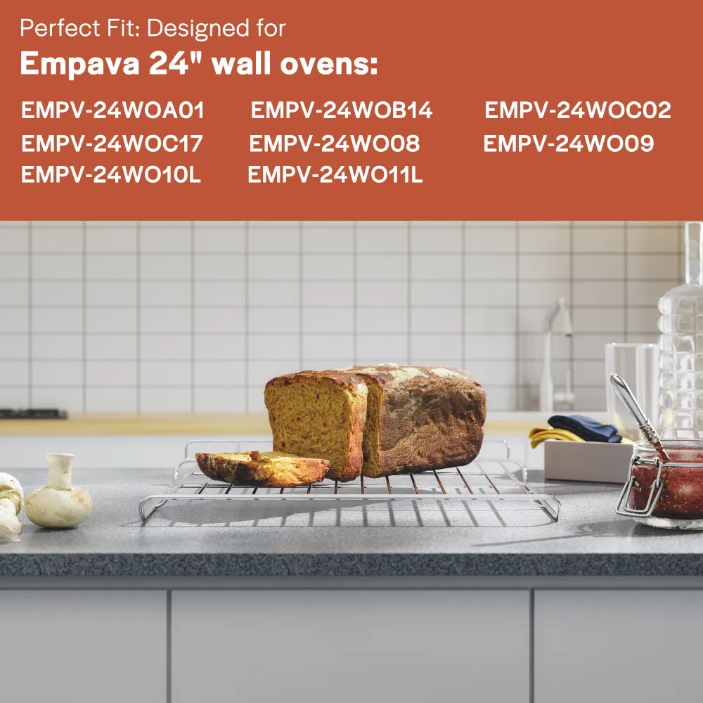 Close-up of the Empava 24 Inch Wall Oven Rack corner, showcasing its shiny chrome finish and simple, clean lines. The focus is on the right edge of the rack, capturing details of its construction against a plain white background.
