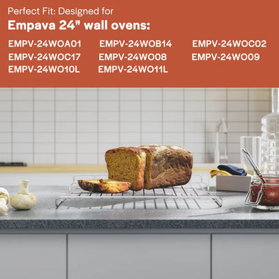 Close-up of the Empava 24 Inch Wall Oven Rack corner, showcasing its shiny chrome finish and simple, clean lines. The focus is on the right edge of the rack, capturing details of its construction against a plain white background.