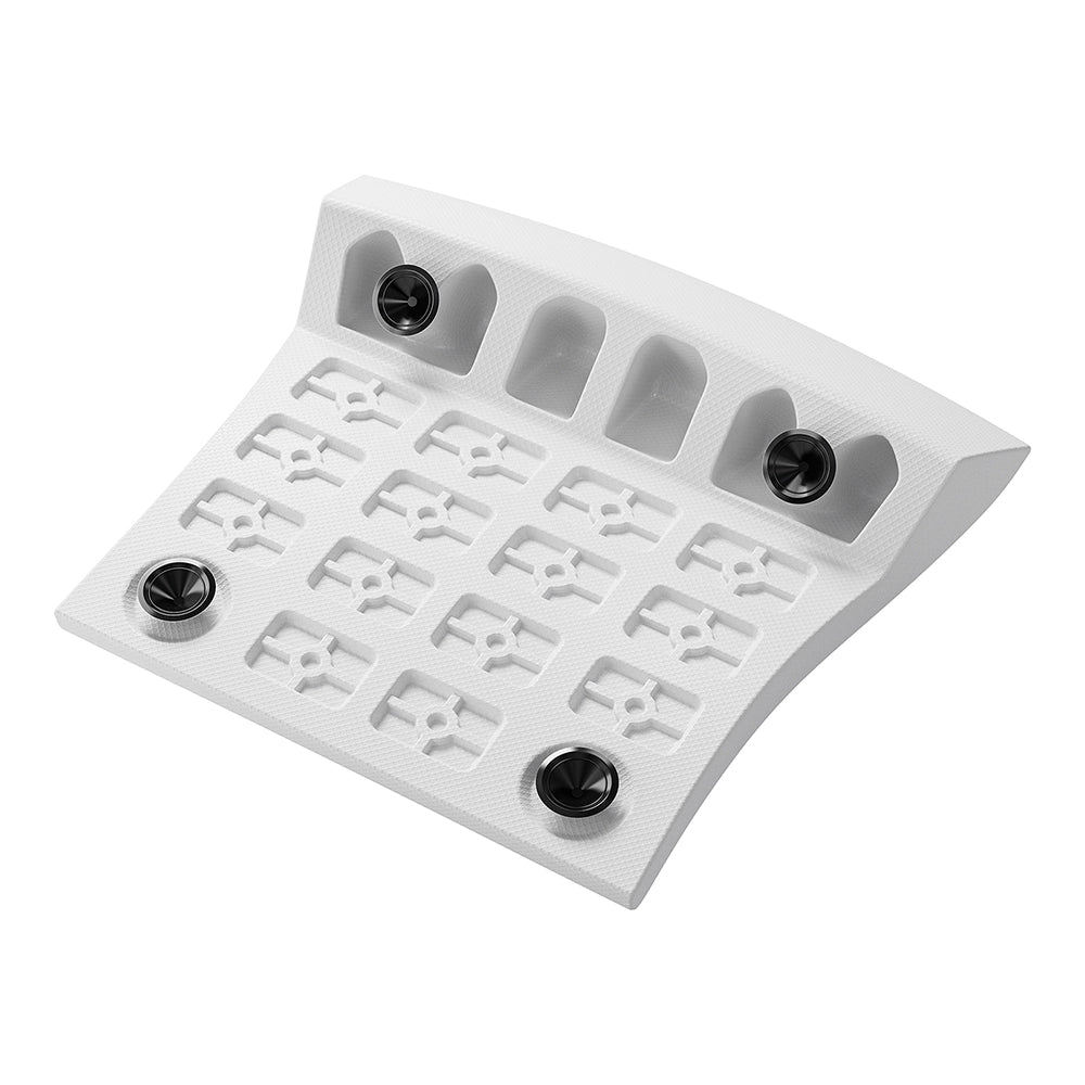 The Bathtub White Headrest for EMPV-59JT408LED Whirlpool Tub is a curved, white plastic mount designed for flush fittings. It features 16 square slots and 5 integrated compartments, with four visible black screws attached at various points on the mount.