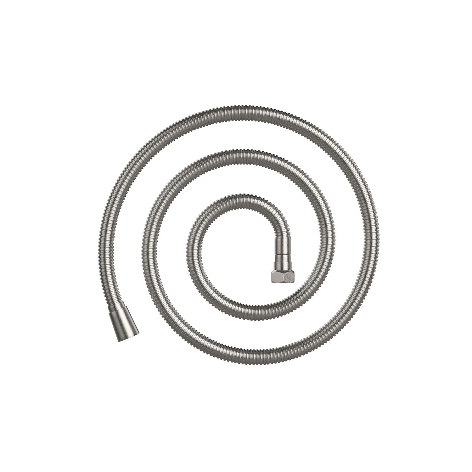 A coiled, flexible metal hose with connectors on both ends, designed for plumbing purposes. The silver hose features standard fittings suitable for attachment to compatible fixtures or Bathtub Faucet Fixtures For EMPV-59JT319LED Corner Tub.