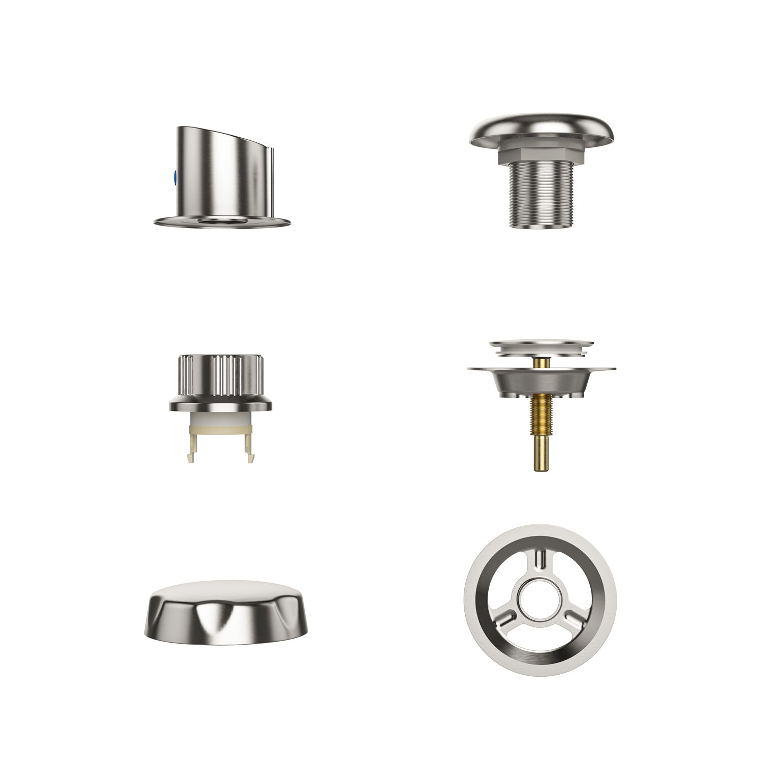 Image of six different metal components arranged in two vertical columns of three. The components, related to plumbing or mechanical systems from Empava, include various types of fittings, knobs, and connectors for the Bathtub Faucet Fixtures For EMPV-59JT319LED Corner Tub.