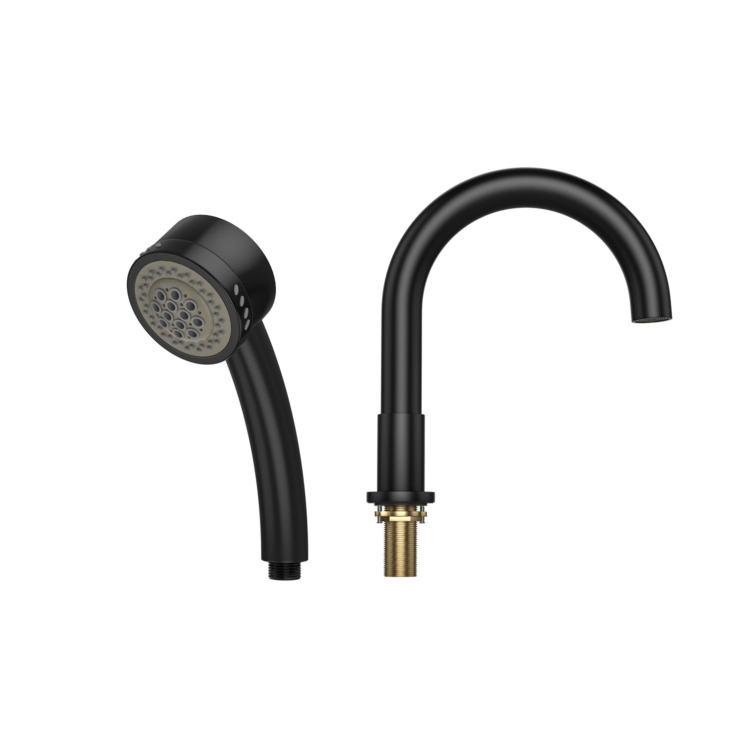 A glossy black handheld shower head with a round spray face and a separate curved Empava black metal faucet, complete with a brass connector, both set against a white background.