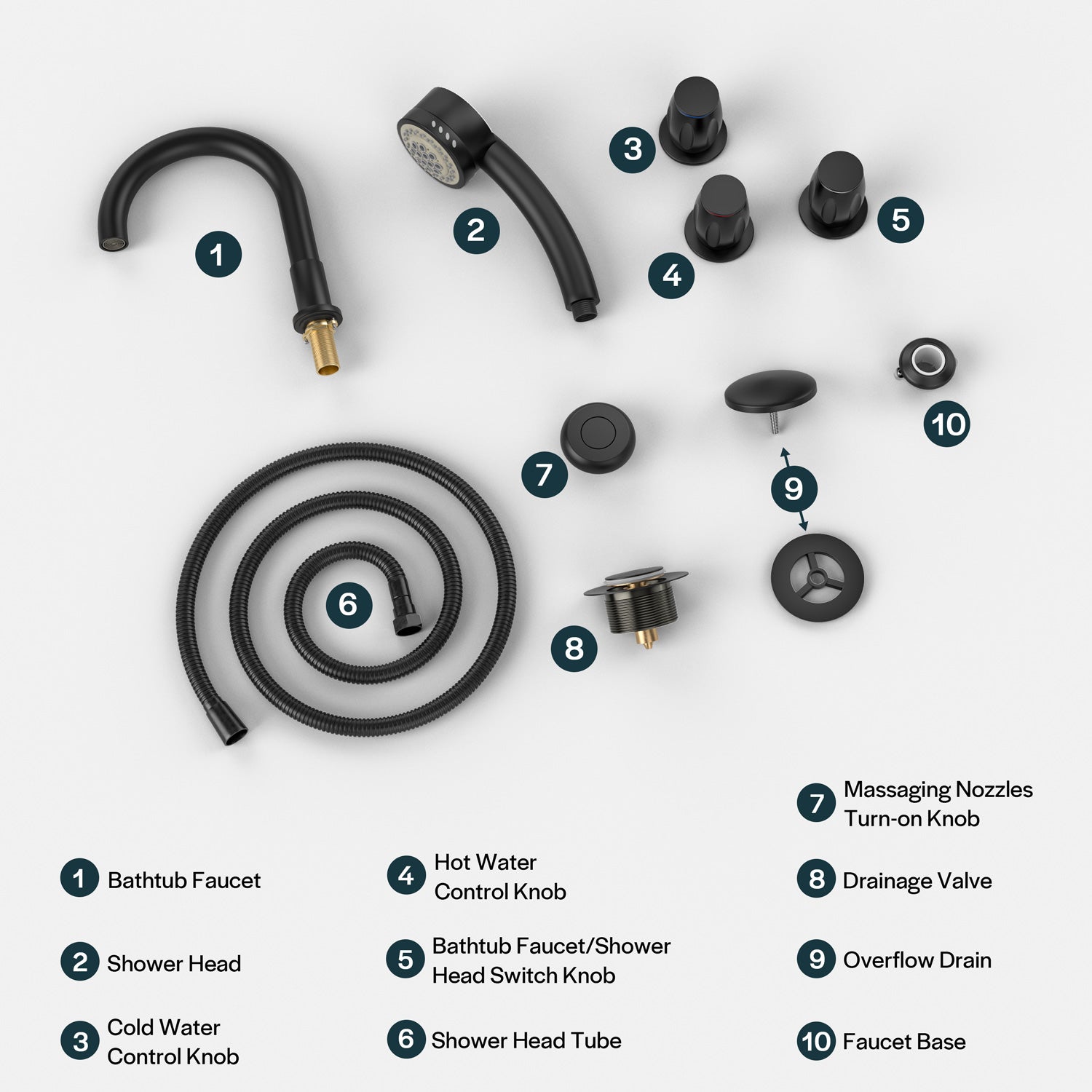 Image displaying various parts of the Bathtub Faucet Fixtures For AIS Series Whirlpool Spa Tubs by Empava. Labeled components include a bathtub faucet, shower head, hot and cold water control knobs, bathtub faucet/shower head switch knob, shower head tube, drain valve, massaging nozzles turn-on knob, overflow drain, and faucet base.