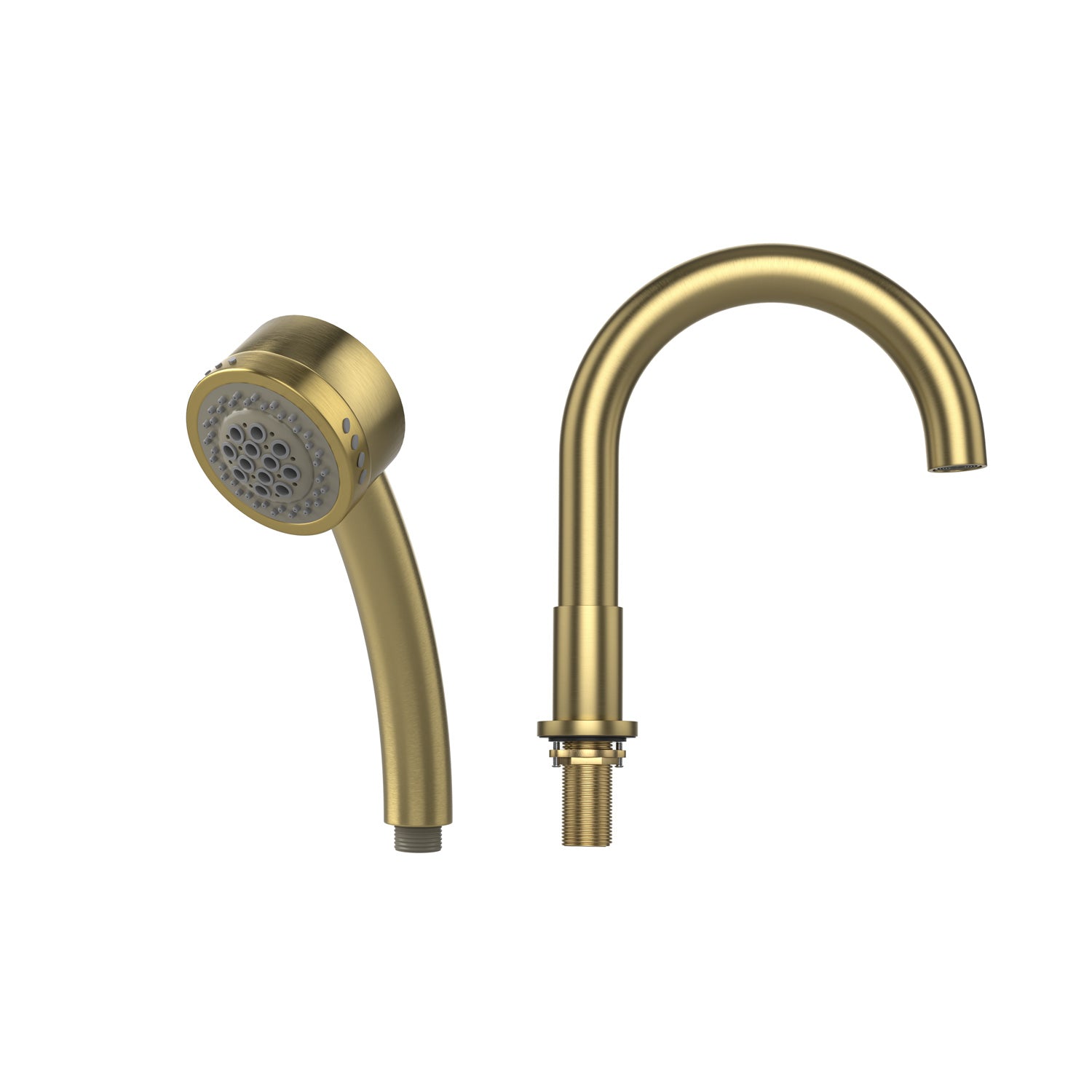 A brushed gold bathtub faucet fixture set for the AIS Series Whirlpool Spa Tubs from Empava is displayed against a white background. The showerhead is cylindrical with multiple spray nozzles, and the matching curved faucet spout features a smooth, elegant arch design.