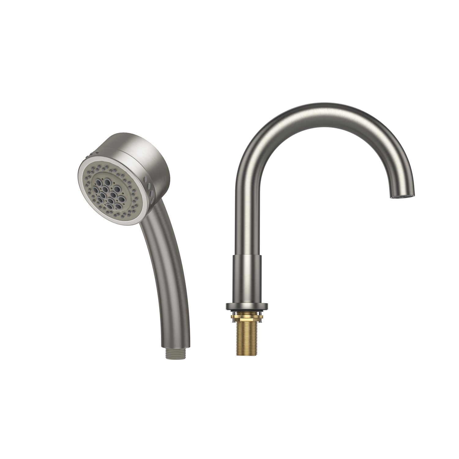 On the left, there is a Bathtub Faucet Fixture for AIS Series Whirlpool Spa Tubs in brushed nickel with rubber nozzles. On the right, a separate brushed nickel arched faucet spout with a threaded connection at the base is present. Both items are isolated on a white background.