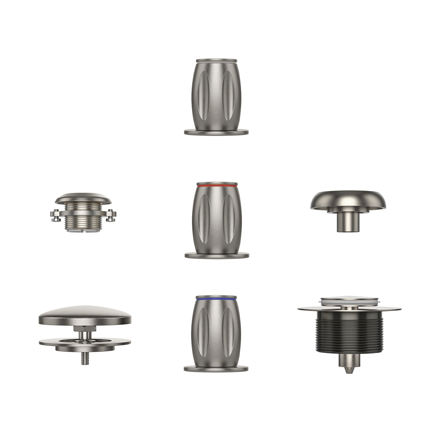 A set of six metallic Bathtub Faucet Fixtures For AIS Series Whirlpool Spa Tubs, meticulously arranged in a 2x3 grid. These pieces vary in shape and function, featuring cylindrical and rounded designs, with some possessing threaded sections for screws. The components are silver in color with a polished finish, exemplifying the quality you expect from Empava.