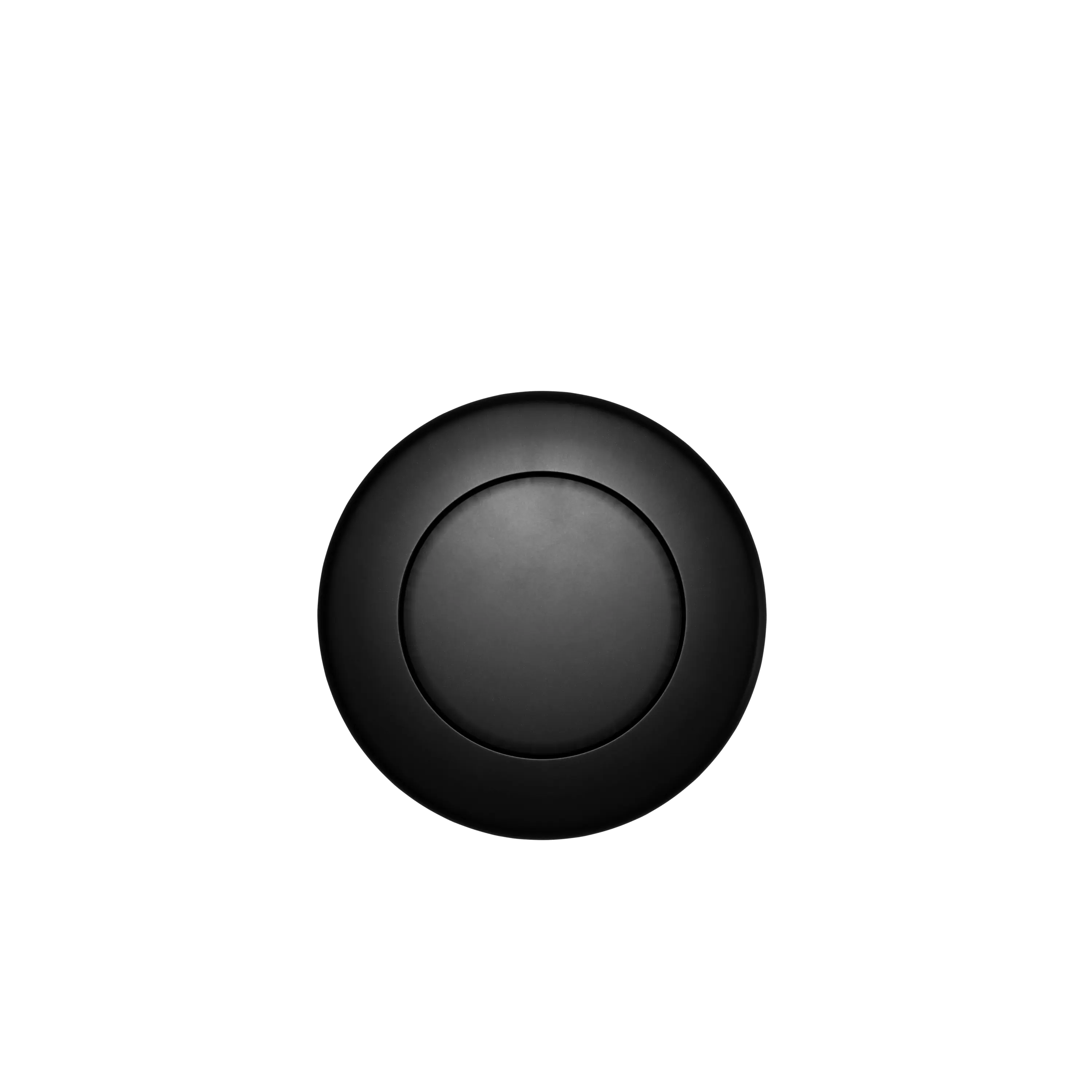 The Custom Drain Cap Finish is a sleek, black, circular device featuring a minimalist design set against a black background. It boasts a central button-like element encircled by a subtly raised outer ring.