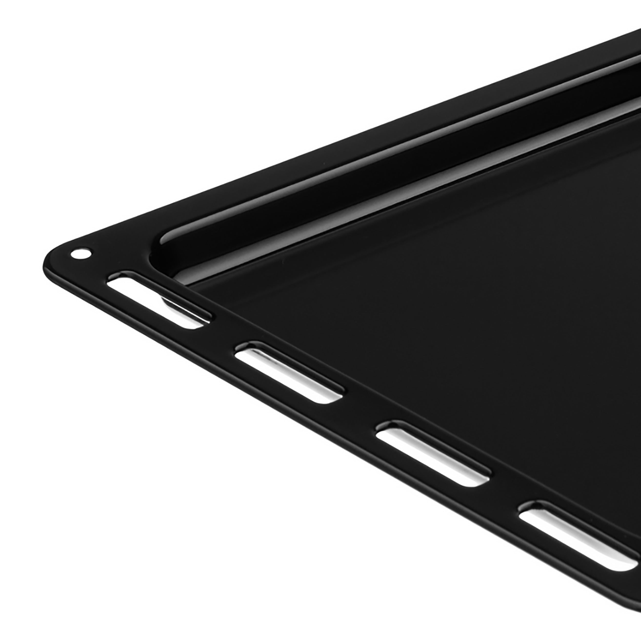 Close-up of the Oven Baking Tray compatible with the Empava 24-inch Single Wall Oven, showcasing its black, glossy metal finish. The image highlights the raised lip around the edges and the elongated slots designed for handles or ventilation. The surface features a smooth and reflective texture.