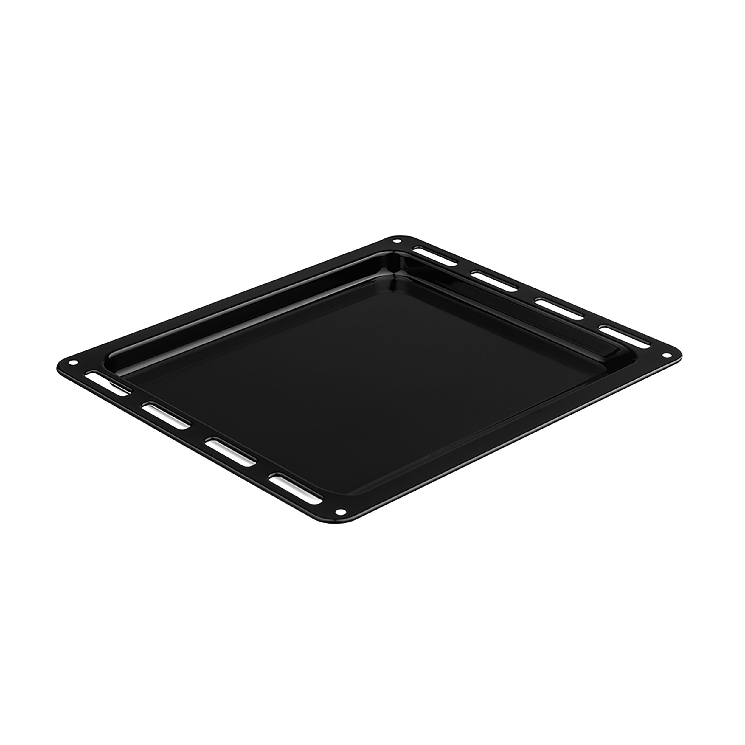 A rectangular black Oven Baking Tray Compatible with Empava 24-inch Single Wall Oven, featuring raised edges and slotted handles on each side, positioned at a slight angle against a white background. The tray appears simple and functional, suitable for baking or roasting.