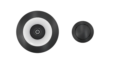 A Custom Nozzle Color video doorbell camera, featuring a black circular design with a contrasting white ring around the lens, sits next to a matching black circular doorbell button. The items are set against a transparent background.