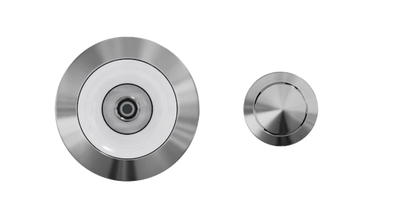 A close-up image of two Custom Nozzle Color valves, one larger than the other, against a white background with yellow horizontal lines. The valves feature a shiny silver finish with concentric circles in the design.