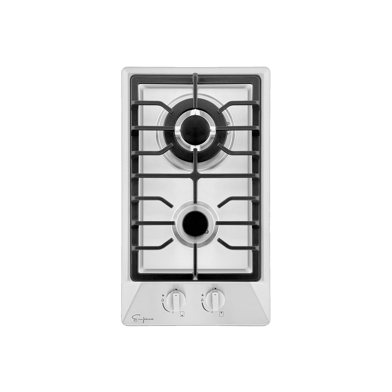 The Empava 12 inch 2 Burner Gas Cooktop features two burners of different sizes, each equipped with a black cast iron grate. Below the burners, there are two control knobs for easy flame adjustment. The cooktop boasts a minimalist design with simple, functional lines.