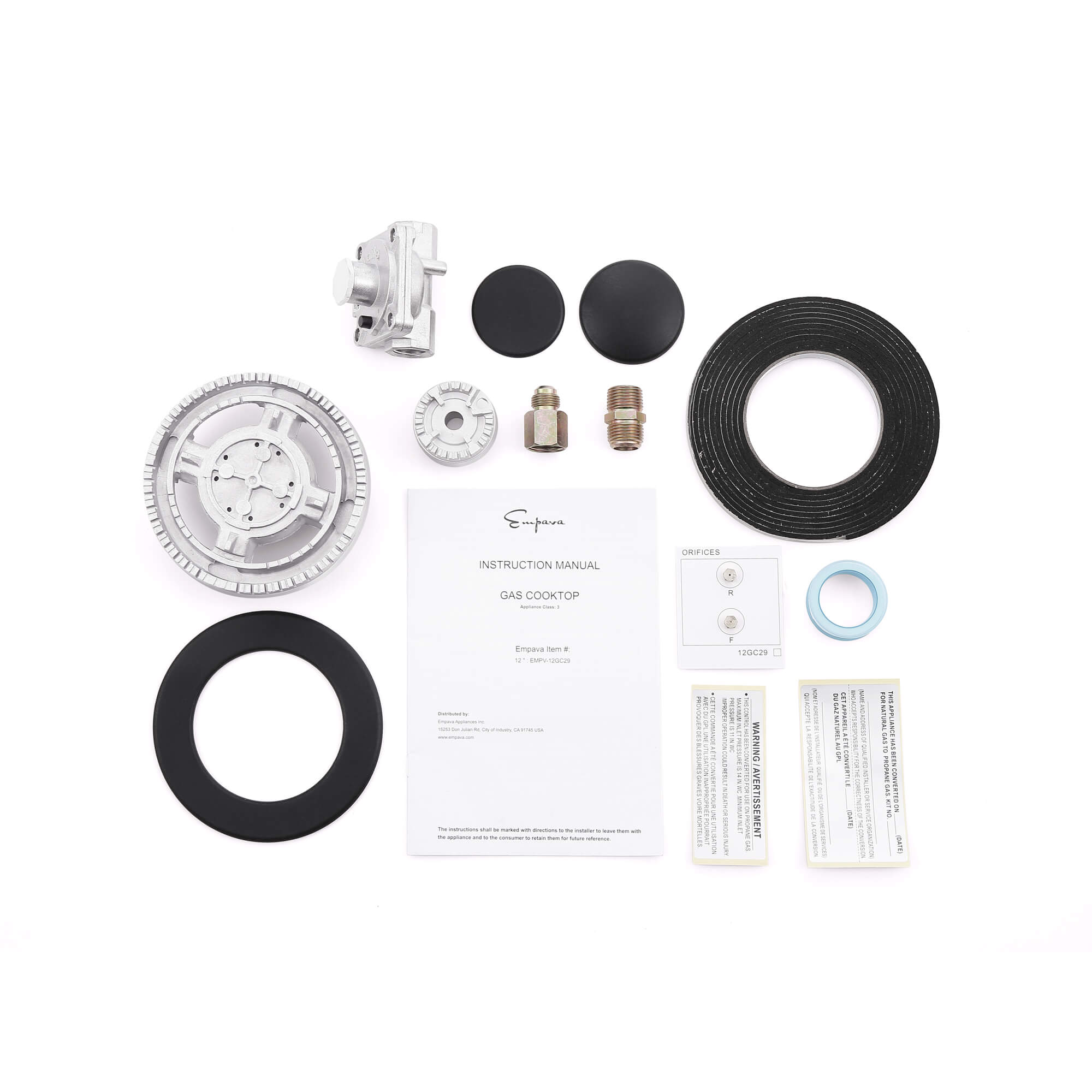 The image displays components and an instruction manual for an Empava 12 inch 2 Burner Gas Cooktop. Visible items include a burner ring, a gas valve, two rubber gaskets, two metal connectors, sealing tape, and several small paper inserts with instructions or labels.