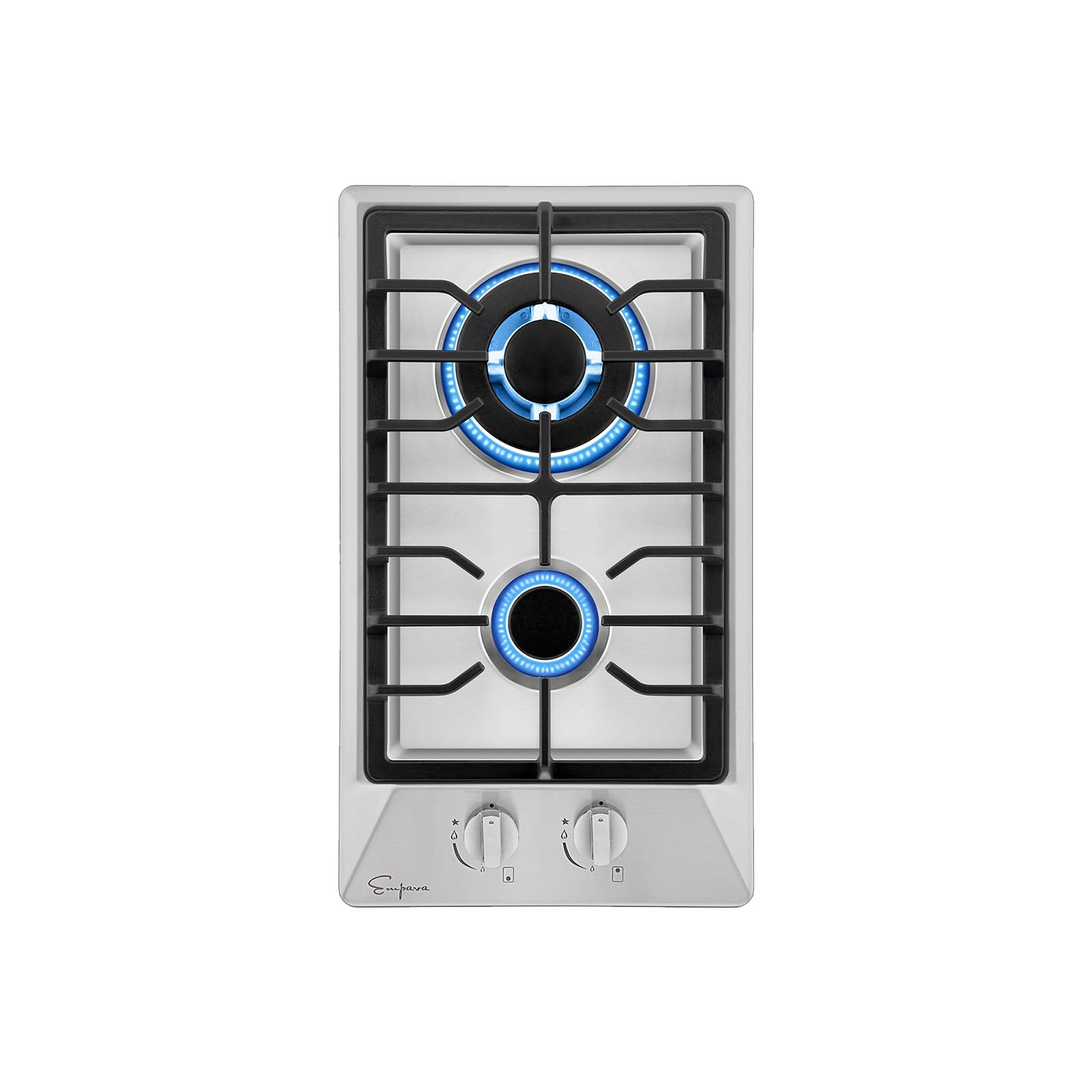 The Empava 12 inch 2 Burner Gas Cooktop features striking blue flames and two front control knobs. It boasts a sleek, modern design with a black metal grate over the burners.