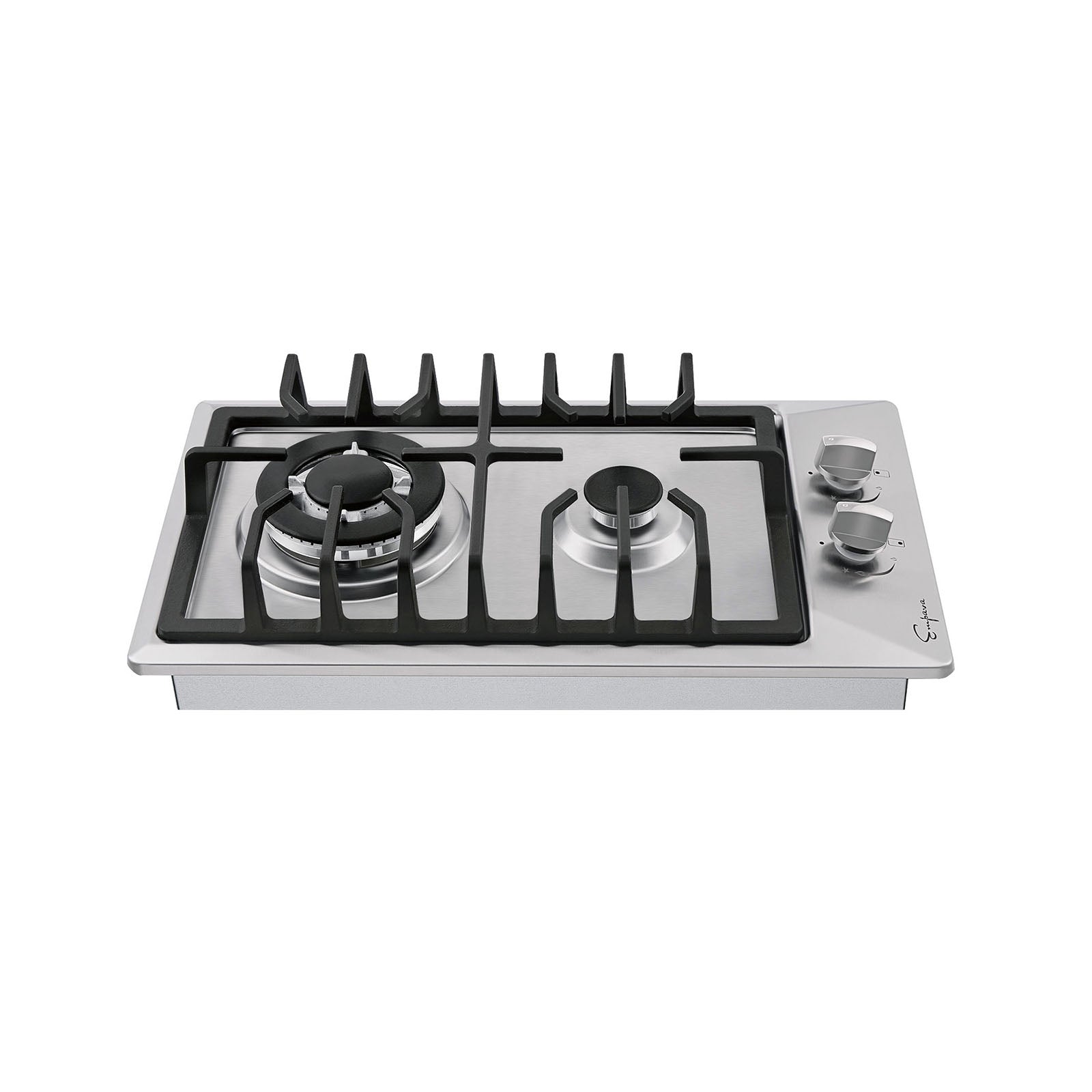 Image of the Empava 12 inch 2 Burner Gas Cooktop, featuring a stainless steel surface with black cast iron grates and two control knobs on the right side. The cooktop has a larger burner on the left and a smaller one on the right. The area around the burners is silver.