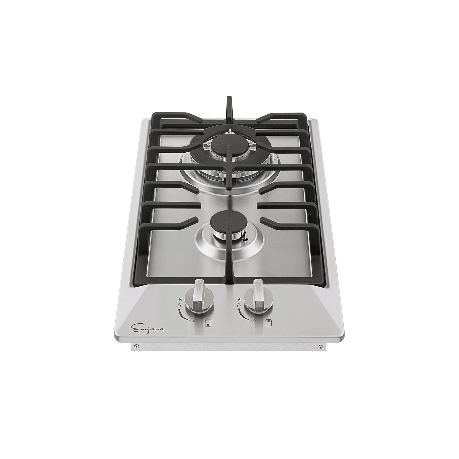 The Empava 12 inch 2 Burner Gas Cooktop features two burners, black cast iron grates, and two front control knobs labeled for each burner. A logo is positioned on the bottom left corner.