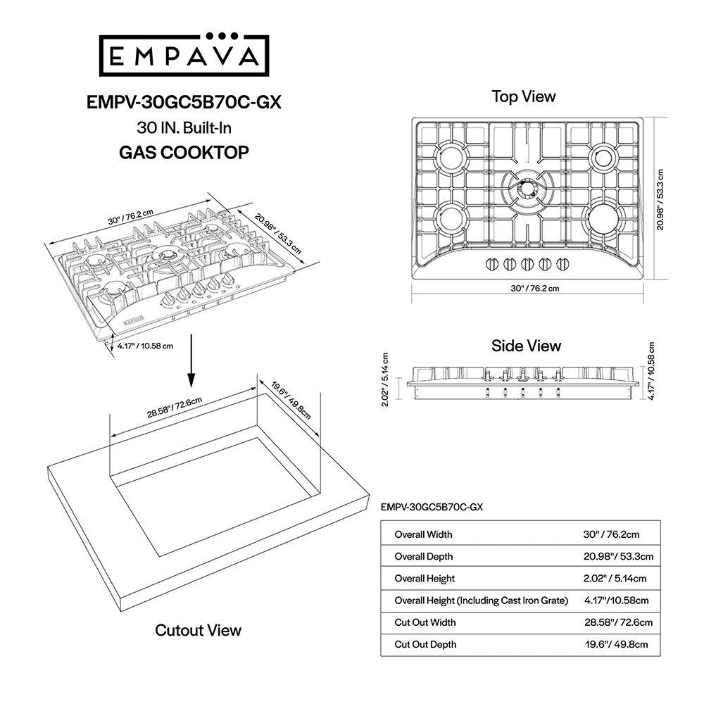 EMPV-30GC5B70C-GX stainless steel gas stove cooktop size chart