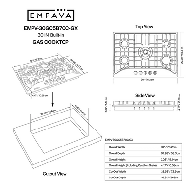 EMPV-30GC5B70C-GX stainless steel gas stove cooktop size chart