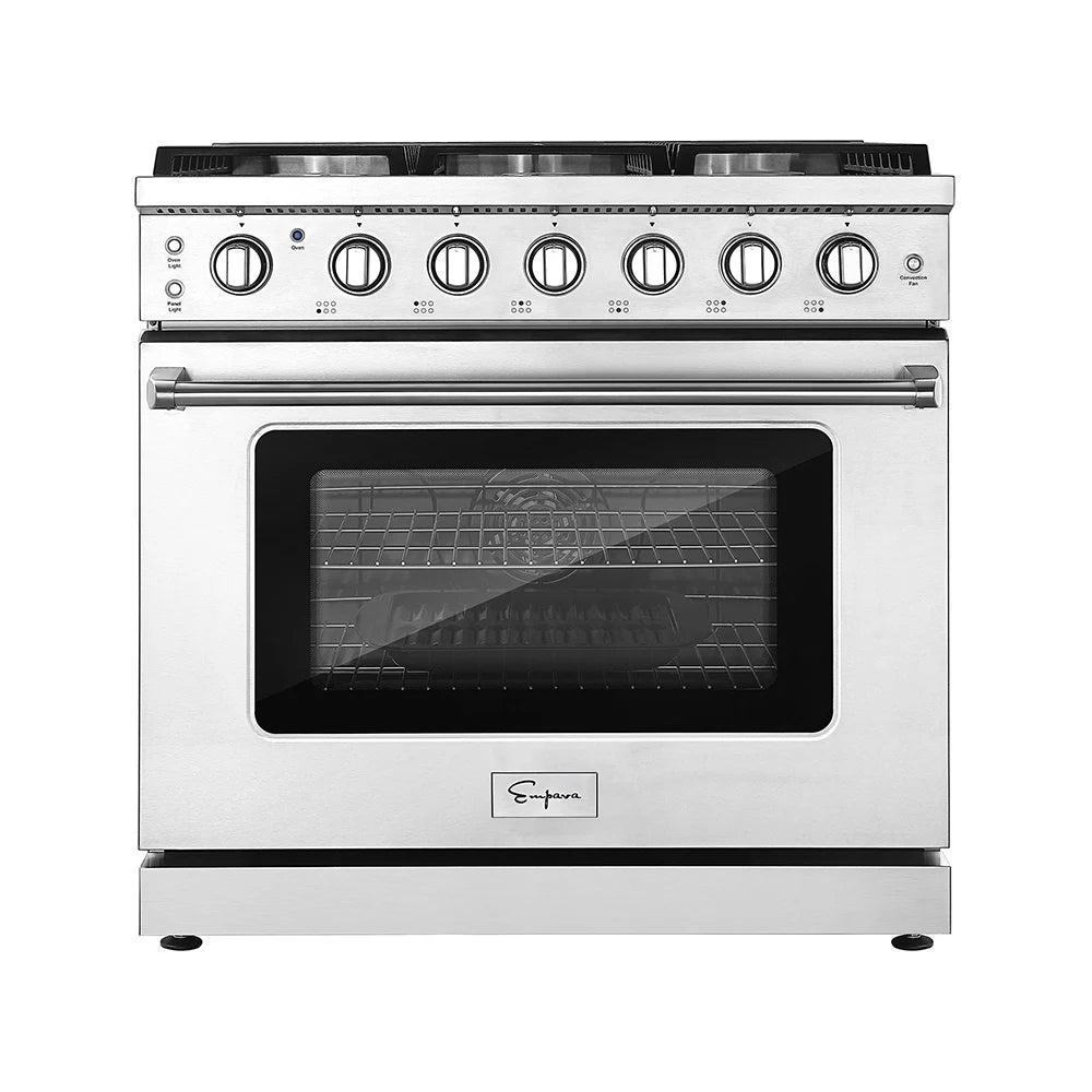 The Empava 36 in. Pro-Style Slide-in Single Oven Gas Range boasts a stainless steel design with 6 burners and an automatic reigniting system. It features six burner knobs on the top front panel, a large oven door with a glass window revealing wire shelves inside, and an anti-tip back bracket for added stability. The logo is prominently displayed at the bottom center of the oven door.