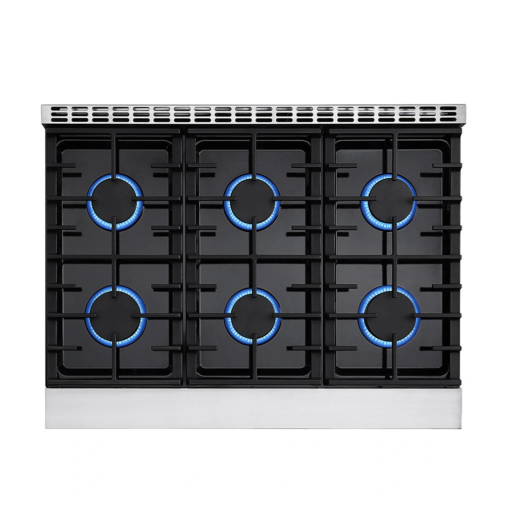 Image of the Empava 36 in. Pro-Style Slide-in Single Oven Gas Range showing six burners with blue flames. The gas cooktop showcases a sleek, modern design with sturdy cast iron grates over all burners, an automatic reigniting system for safety, and a vented back panel.