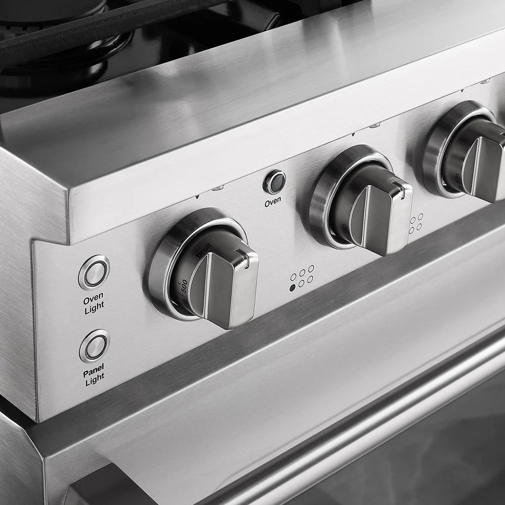 Close-up of the Empava 36 in. Pro-Style Slide-in Single Oven Gas Range control panel, showcasing three silver knobs designed for controlling various functions. Adjacent to the knobs are small indicator lights marked "Oven Light" and "Panel Light." The stainless steel surface is shiny and reflective, adding a touch of elegance. This model includes an anti-tip back bracket for enhanced safety.