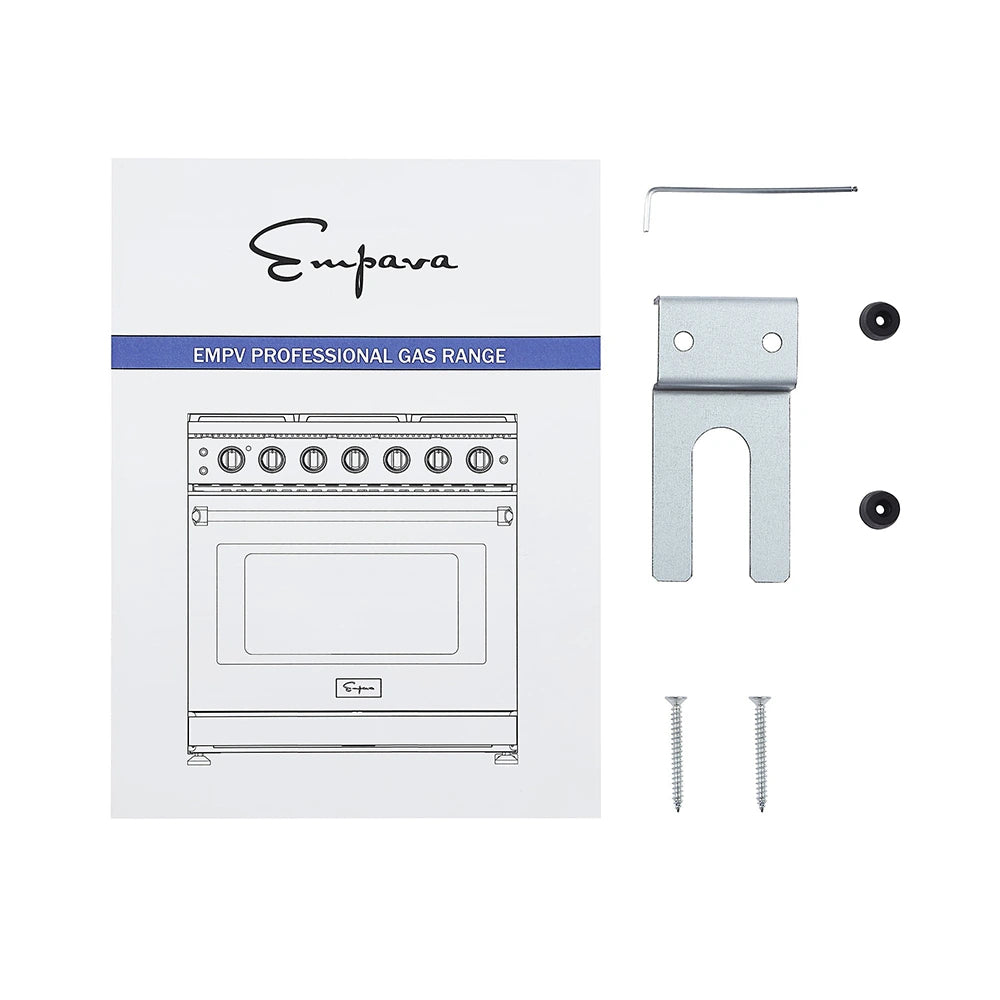 Image of an installation kit for the Empava 36 in. Pro-Style Slide-in Single Oven Gas Range. The kit includes a manual with a drawing of the 6-burner gas range on the cover, a metal anti-tip back bracket, two screws, a hex key, and two small round rubber pads.