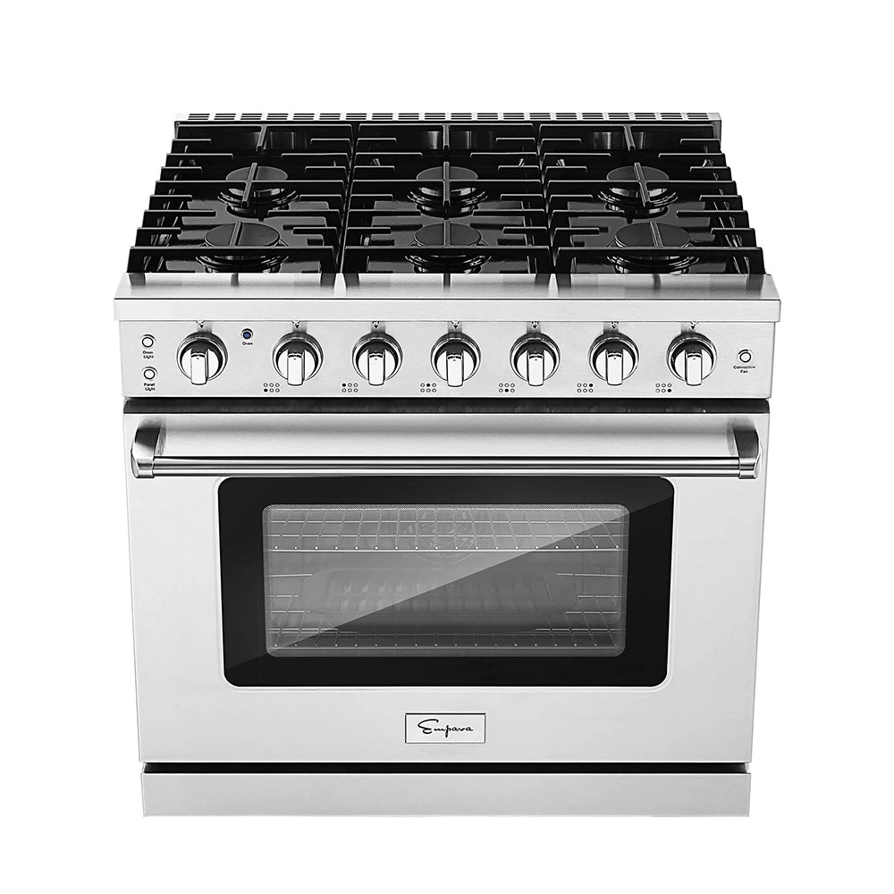 The Empava 36 in. Pro-Style Slide-in Single Oven Gas Range features a stainless steel design with 6 burners and an oven. The control panel, positioned on the front, includes several knobs and buttons for various settings. The oven door has a large window and a handle for easy opening. For added safety, this range includes an anti-tip back bracket, with the brand logo visible at the bottom.