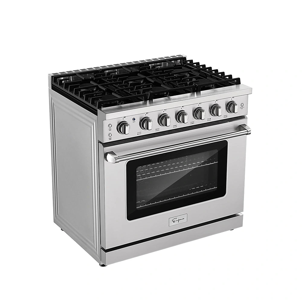 The Empava 36 in. Pro-Style Slide-in Single Oven Gas Range is made of stainless steel and comes equipped with six burners on top and an oven below. It features an automatic reigniting system, various control knobs in the front, a windowed oven door with a handle, and the brand logo visible on its sleek, modern design. Additionally, it includes an anti-tip back bracket for enhanced safety.