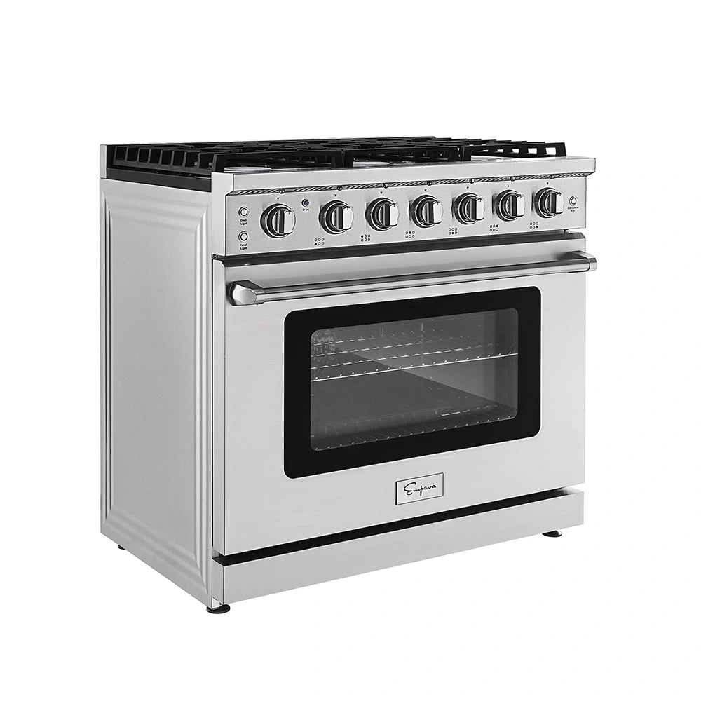 The Empava 36 in. Pro-Style Slide-in Single Oven Gas Range features a stainless steel construction with an anti-tip back bracket, six control knobs, an oven with a transparent door, and an interior oven rack. It boasts a black cooktop with six burners and includes an automatic reigniting system, making it appear to be part of a signature series.