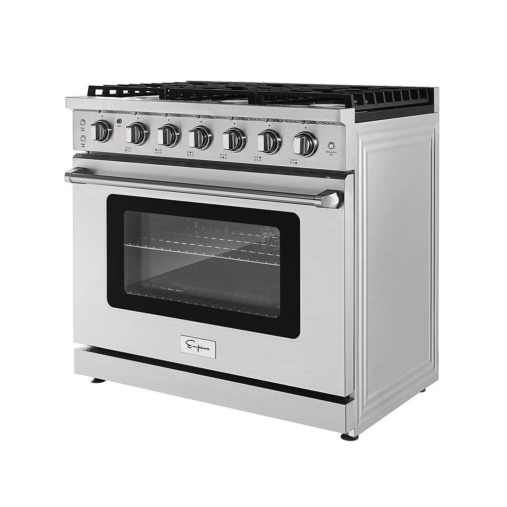 Image of the Empava 36 in. Pro-Style Slide-in Single Oven Gas Range, showcasing its stainless steel kitchen stove with six knobs for burners and a wide oven door featuring a clear window and handle. The stove is equipped with black burner grates on top, a streamlined design, and an automatic reigniting system. Black markings display temperature settings and burner options.