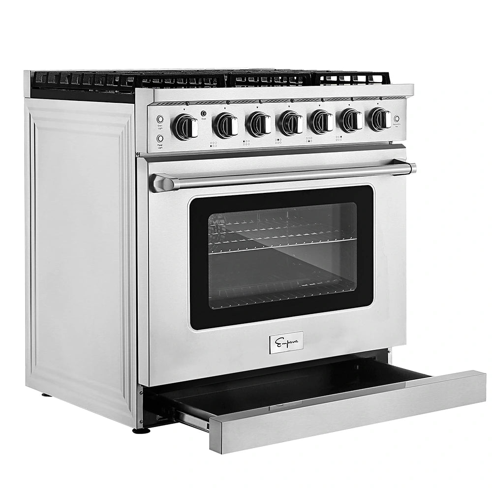 The Empava 36 in. Pro-Style Slide-in Single Oven Gas Range features a stainless steel construction with six burners on the stovetop and an automatic reigniting system. It includes a spacious oven with a glass door, interior racks, and a storage drawer beneath. For added convenience, the control knobs and buttons are located above the oven door.