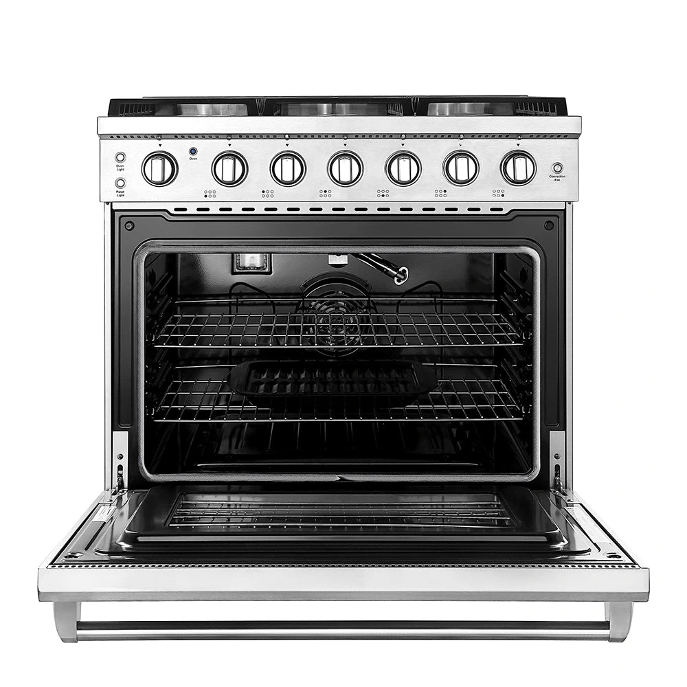 The Empava 36 in. Pro-Style Slide-in Single Oven Gas Range features a stainless steel oven with the door open, revealing two wire racks inside. The front panel showcases six control knobs for various functions and includes an automatic reigniting system. This modern oven is equipped with a digital display and indicator lights, while the cooktop on top boasts six burners.