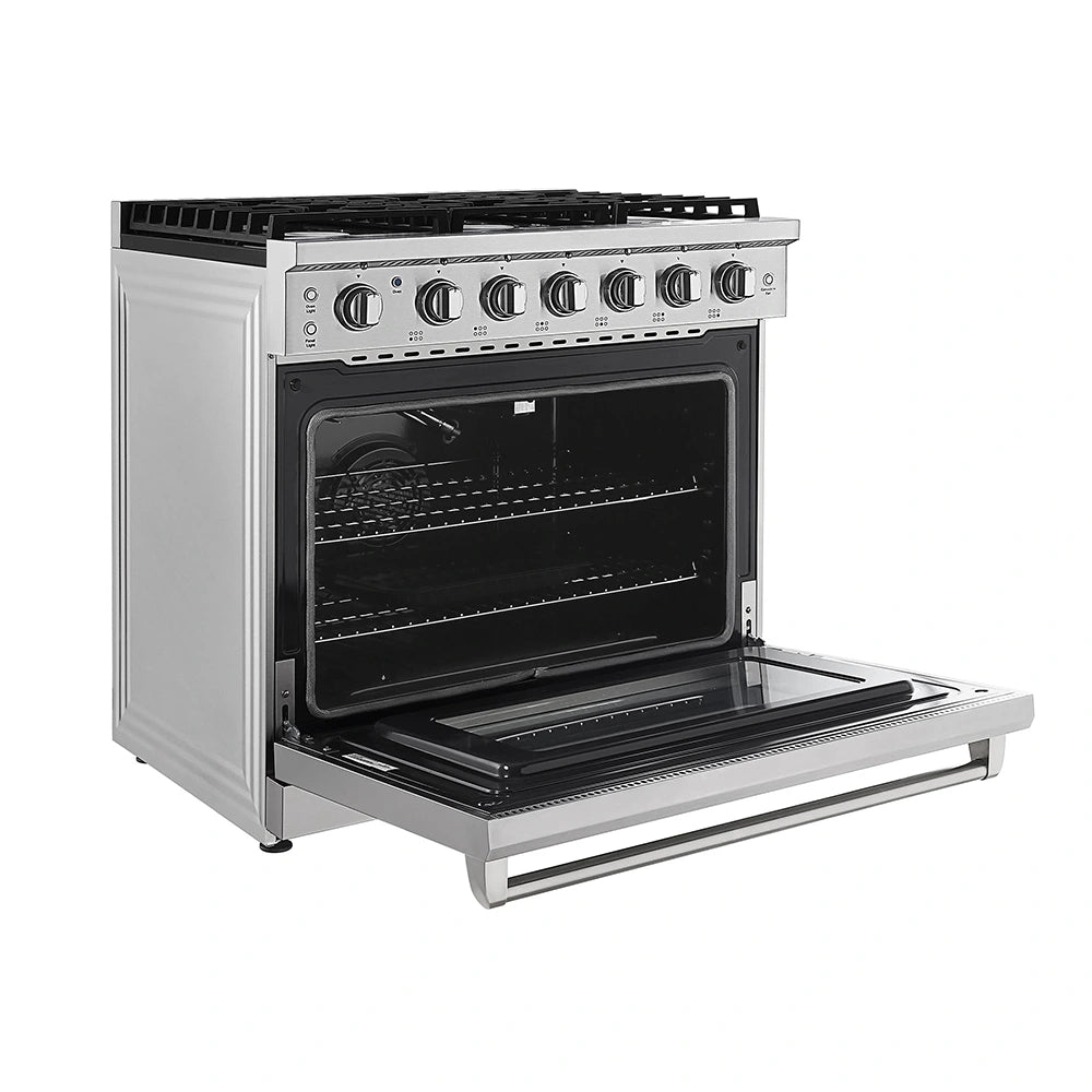 The Empava 36 in. Pro-Style Slide-in Single Oven Gas Range features a stainless steel exterior with six knobs and an open front door. Inside, it includes racks for versatile cooking or baking needs, while the stovetop is equipped with 6 burners topped with grates. It also comes with an automatic reigniting system, all wrapped up in a modern and sleek design.