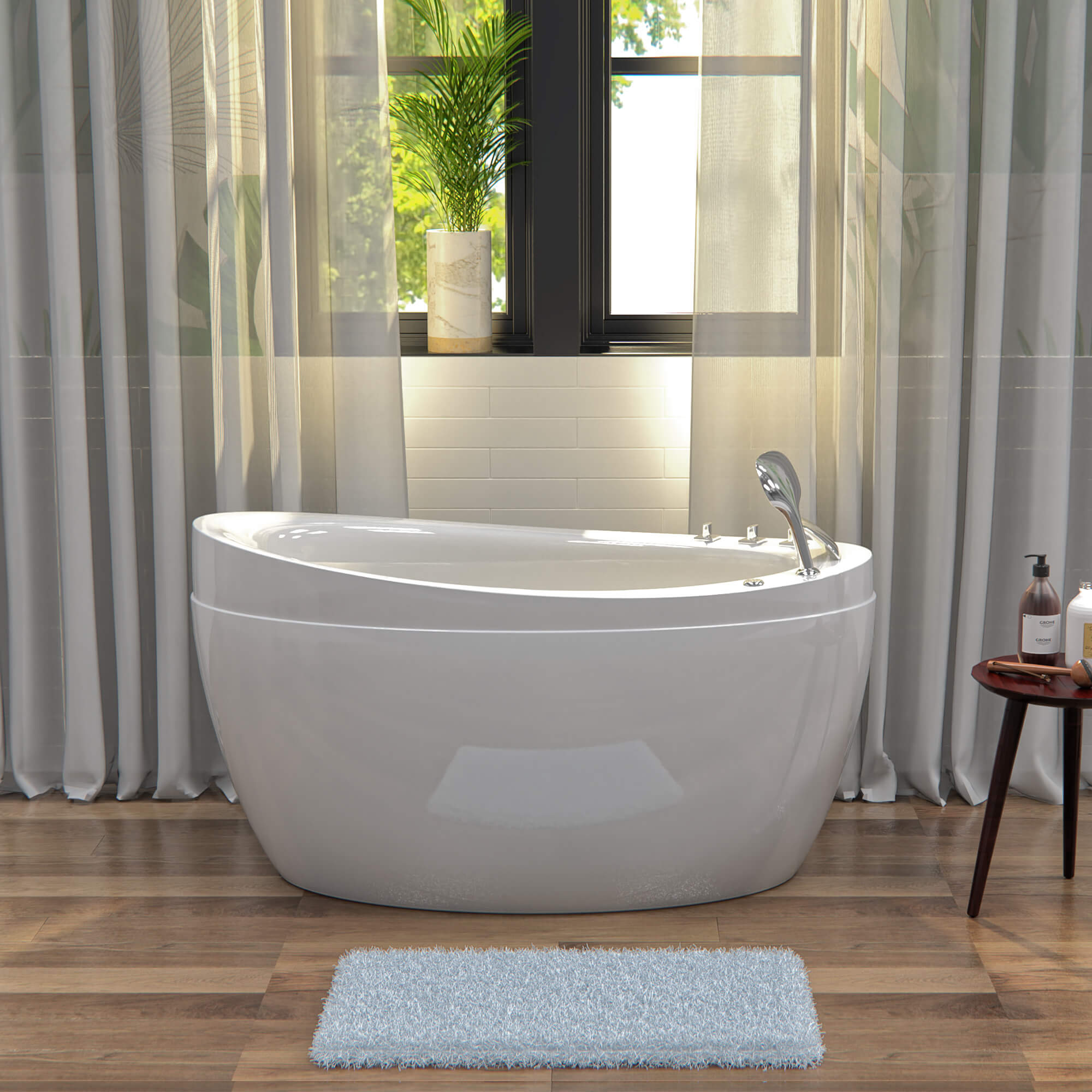 The 48" Freestanding Japanese-Style Air Massage Bathtub with Reversible Drain boasts a sleek, modern white design and includes a high backrest and built-in controls on one side. This contemporary Japanese soaking tub features chrome faucet fixtures, a handheld showerhead attachment on the top ledge, and relaxing air bubble jets for an indulgent bathing experience.