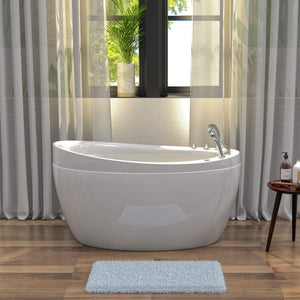 The 48" Freestanding Japanese-Style Air Massage Bathtub with Reversible Drain boasts a sleek, modern white design and includes a high backrest and built-in controls on one side. This contemporary Japanese soaking tub features chrome faucet fixtures, a handheld showerhead attachment on the top ledge, and relaxing air bubble jets for an indulgent bathing experience.
