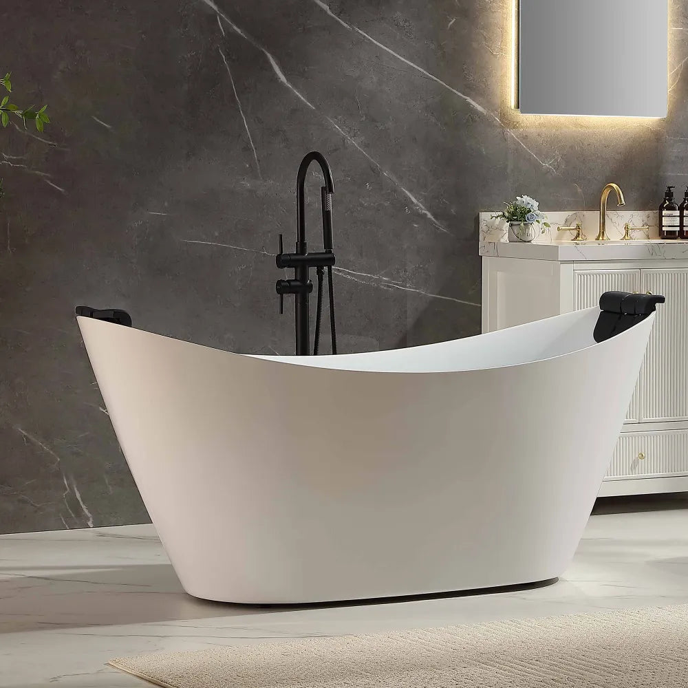 67" White Acrylic Oval Freestanding Whirlpool Tub with Center Drain