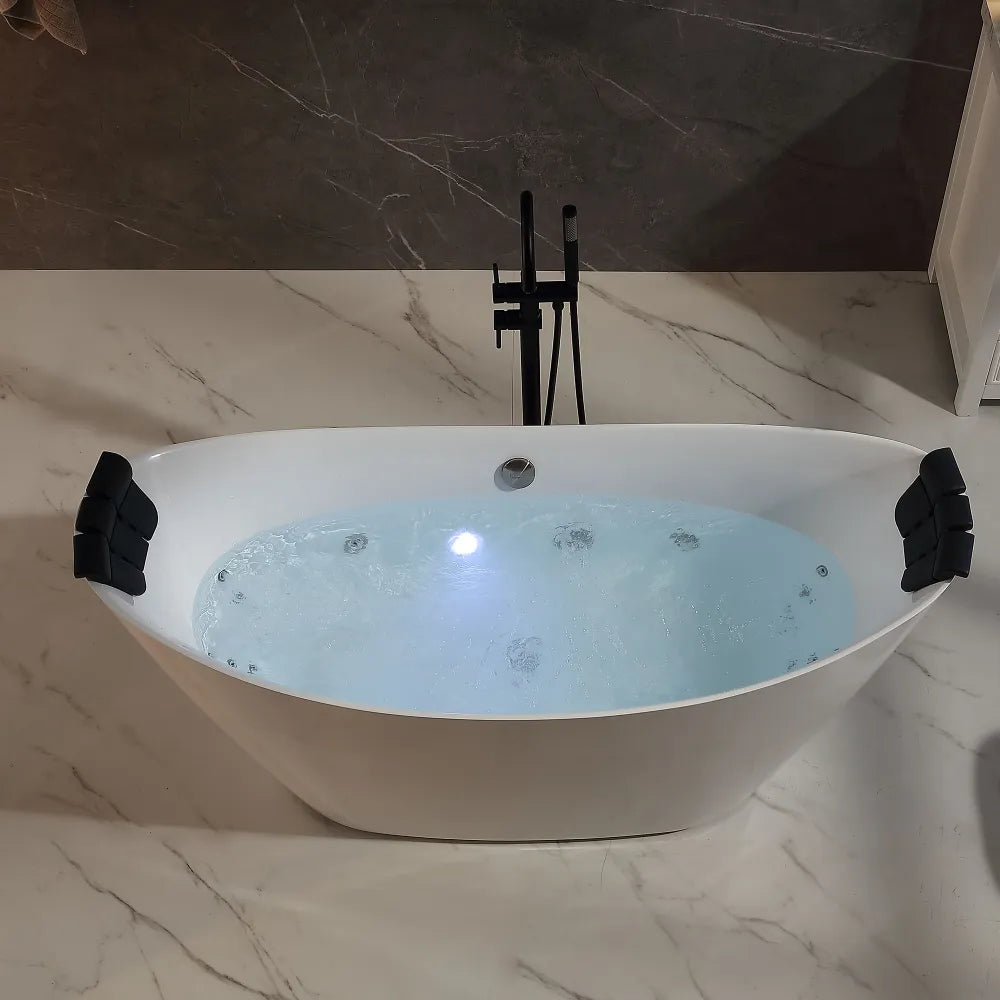 67" White Acrylic Oval Freestanding Whirlpool Tub with Center Drain