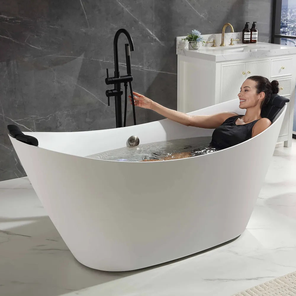 67" White Acrylic Oval Freestanding Whirlpool Tub with Center Drain
