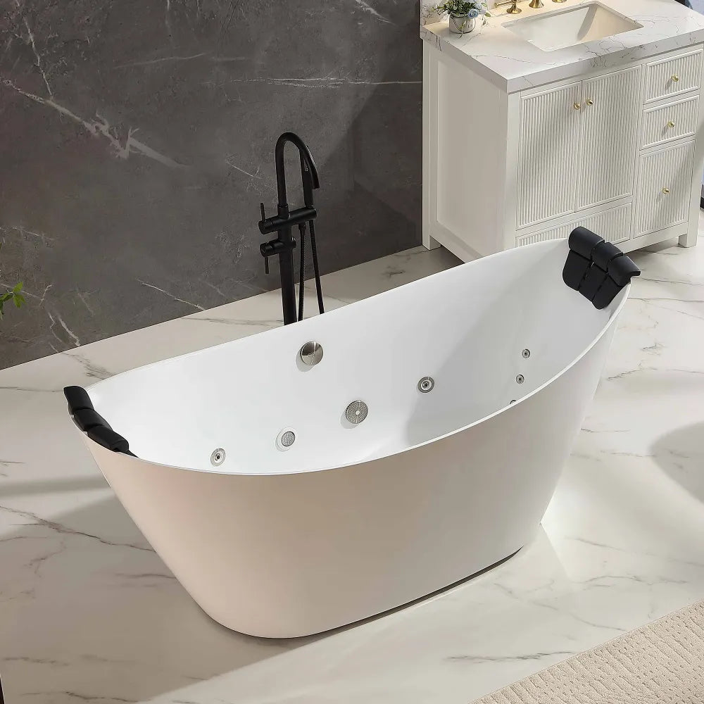 67" White Acrylic Oval Freestanding Whirlpool Tub with Center Drain