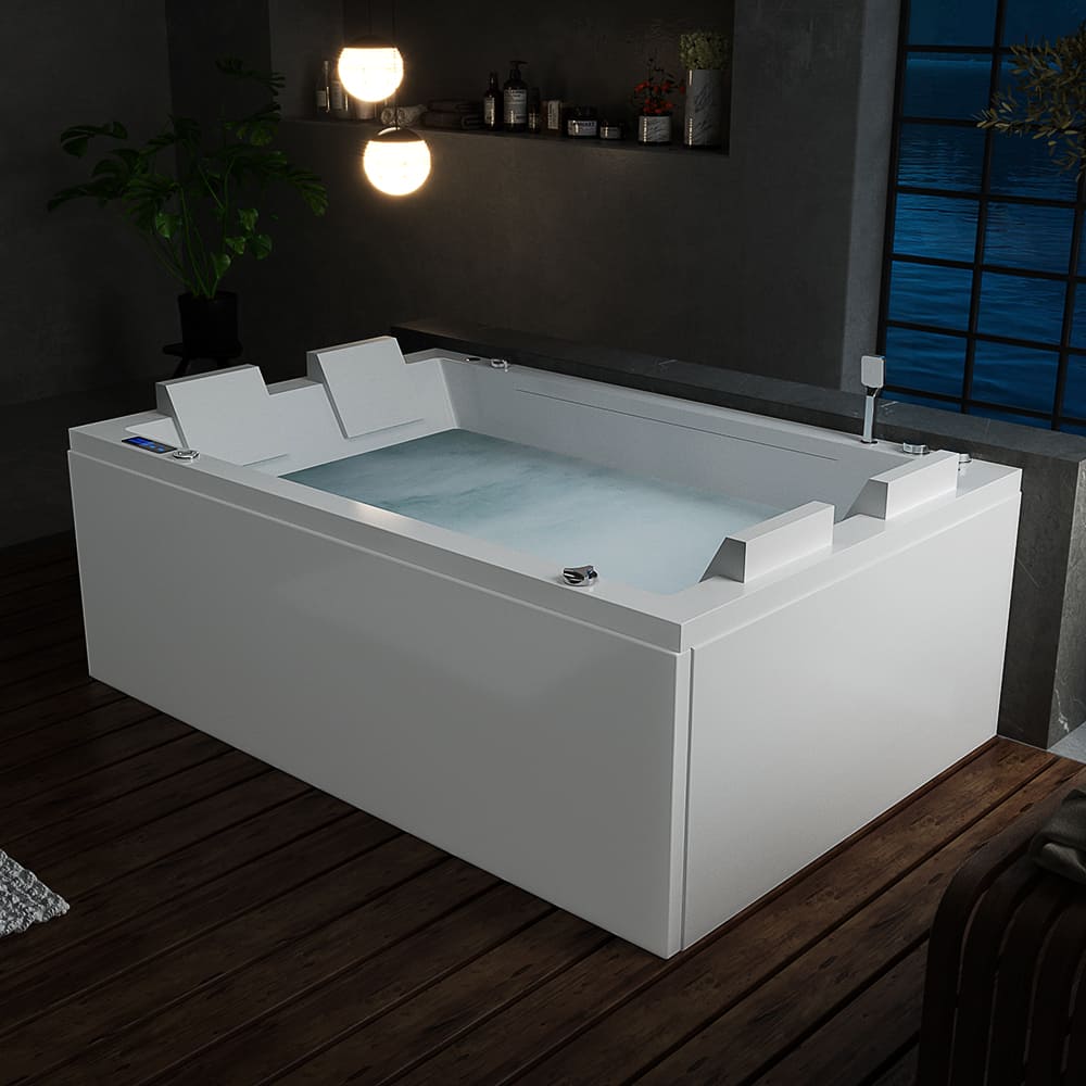 A modern bathroom with dark gray walls features the sleek Empava 71 in. Freestanding Combination Massage 2-Person LED Tub With Center Drain, filled with water and perfect for Revi-Skin Therapy. The tub includes two headrests and is placed on a dark wooden floor. A large window can be seen, accompanied by two round wall lights and some greenery in the background.