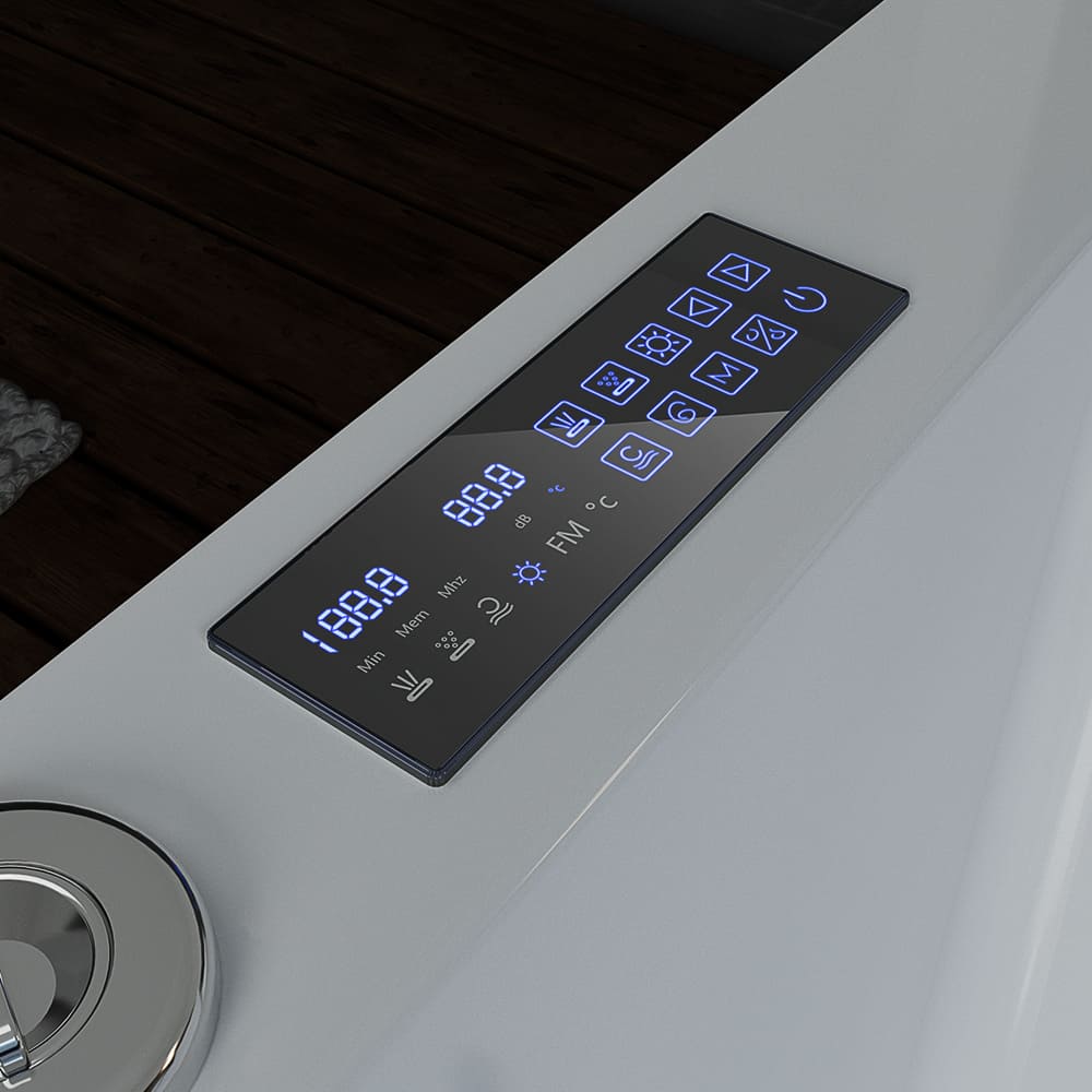 Close-up of the Empava 71 in. Freestanding Combination Massage 2-Person LED Tub With Center Drain control panel showcasing illuminated touch buttons for water temperature, volume, and various settings. The sleek digital interface includes Revi-Skin Therapy for deep pore treatment and neck massage options, with the buttons emitting a blue glow.