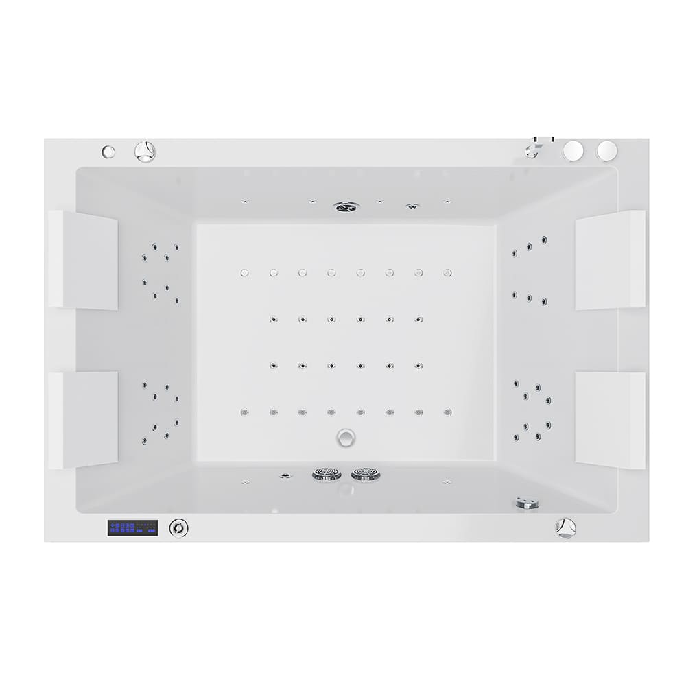 Top view of the Empava 71 in. Freestanding Combination Massage 2-Person LED Tub With Center Drain, showcasing a rectangular white design with multiple jets on the sides and bottom. The tub features built-in headrests on two opposite sides and a control panel at one corner, perfect for a relaxing neck massage or Revi-Skin Therapy session.