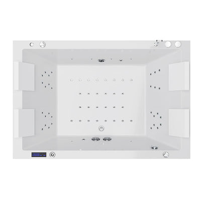 Top view of the Empava 71 in. Freestanding Combination Massage 2-Person LED Tub With Center Drain, showcasing a rectangular white design with multiple jets on the sides and bottom. The tub features built-in headrests on two opposite sides and a control panel at one corner, perfect for a relaxing neck massage or Revi-Skin Therapy session.