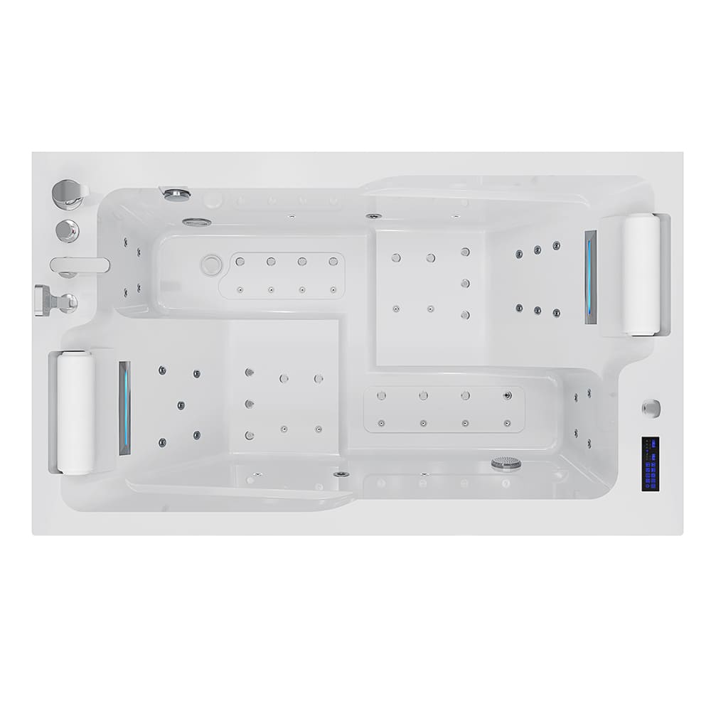 A top-down view of the 71 in. Alcove Massage Thermostatic 2-Person LED Tub With Right Drain by Empava showcases a spacious rectangular white whirlpool bathtub featuring multiple water jets, an inline heater, and two cushioned headrests. The bathtub is equipped with chrome fixtures, an electronic control panel, and boasts a sleek, minimalist design.