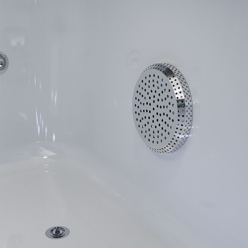 Close-up of the 71 in. Alcove Massage Thermostatic 2-Person LED Tub With Right Drain by Empava, featuring a metal round drain cover with multiple holes on the sidewall. The smooth surface and minimal design emphasize cleanliness and simplicity, providing an ideal setting to relax with a massage neck pillow for added comfort.